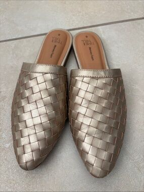 Time and Tru Metallic Woven Slip-On Mules in Gold